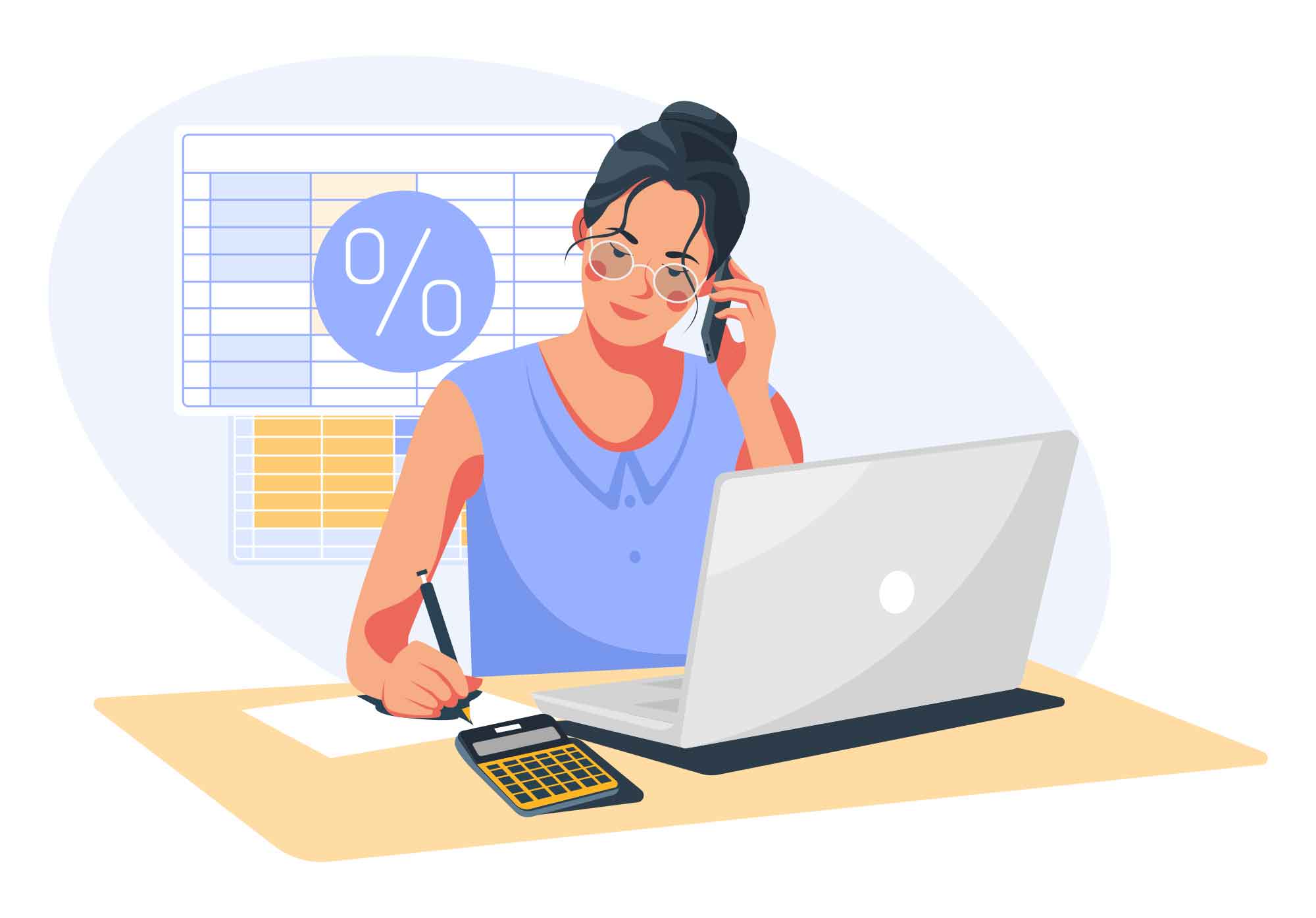 Professional lady on the phone while working on her laptop and taking notes.