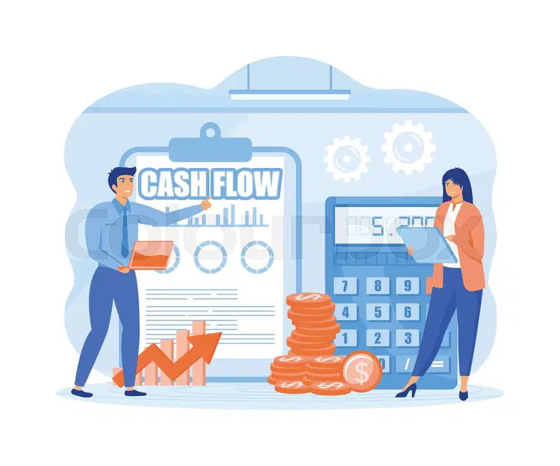 Two experts manage cash using calculators and currencies.